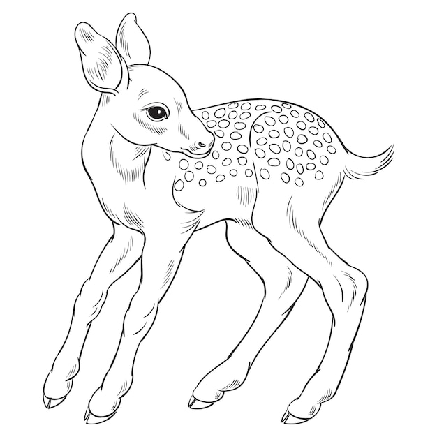 Ilustración vectorial de cervatillo Ciervo bebé blanco y negro para colorear páginas