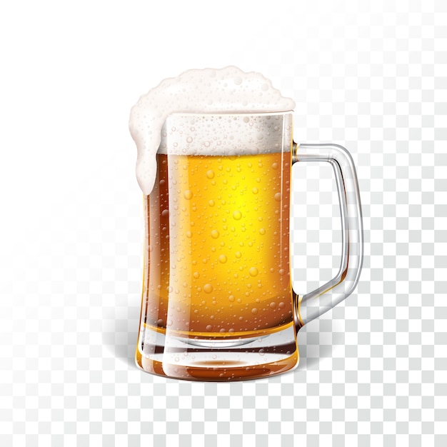 Ilustración vectorial con cerveza de cerveza dorada fresca en una taza de cerveza sobre fondo transparente.