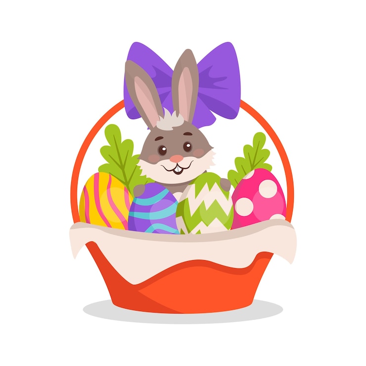 Vector ilustración vectorial una cesta con un lazo con huevos de colores brillantes y un conejito de pascua conjunto de pascua