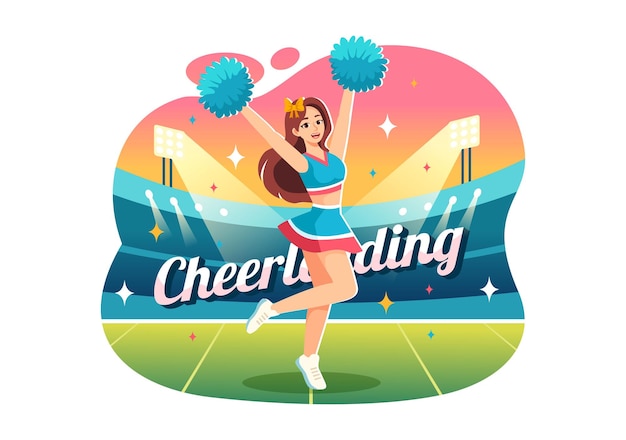 Ilustración vectorial de cheerleader girl con cheerleading pompom de baile y salto para apoyar al equipo