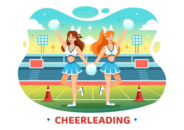 Ilustración vectorial de Cheerleader Girl con Cheerleading PomPom de baile y salto para apoyar al equipo