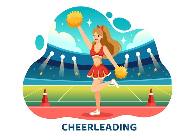 Vector ilustración vectorial de cheerleader girl con cheerleading pompom de baile y salto para apoyar al equipo