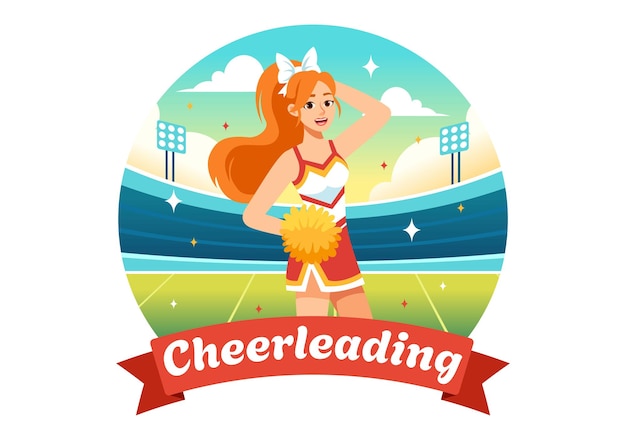 Vector ilustración vectorial de cheerleader girl con cheerleading pompom de baile y salto para apoyar al equipo