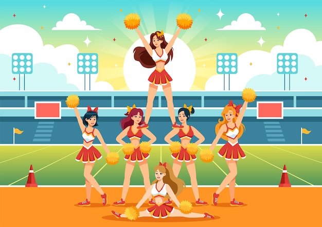 Vector ilustración vectorial de cheerleader girl con cheerleading pompom de baile y salto para apoyar al equipo