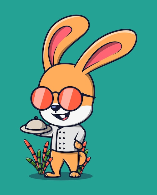 ilustración vectorial de un chef conejito con gafas de color naranja levantando un plato