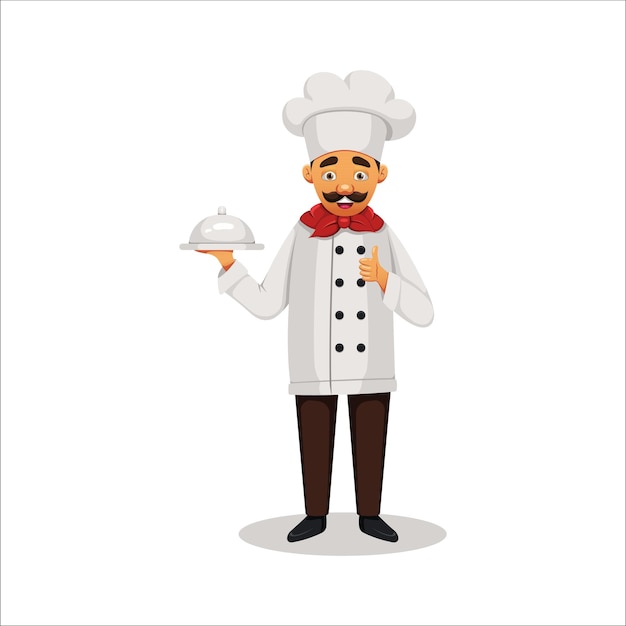 Ilustración vectorial de un chef lindo al estilo de dibujos animados Escena de dibujus animados de un chef sonriente con un abrigo de chef y una gorra de chef sosteniendo un plato bajo una tapa y mostrando un gesto de la mano súper sobre fondo blanco