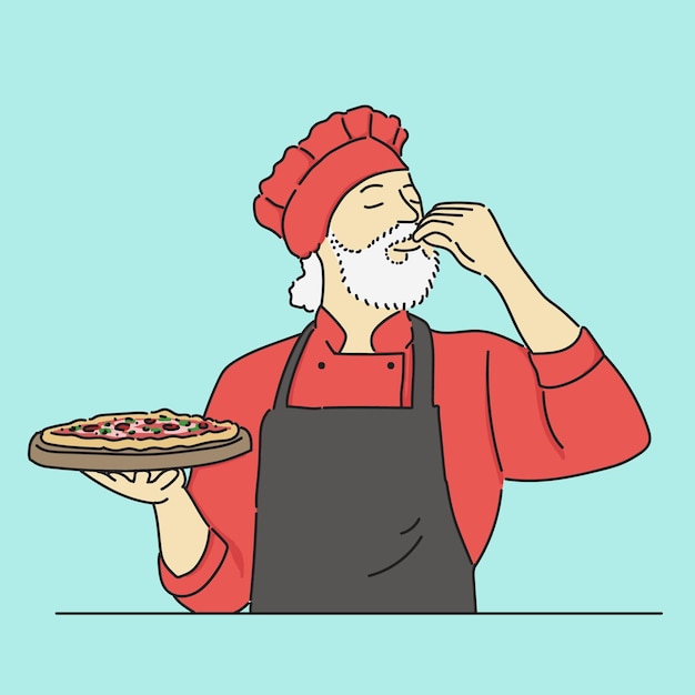 Vector ilustración vectorial de un chef con una pizza