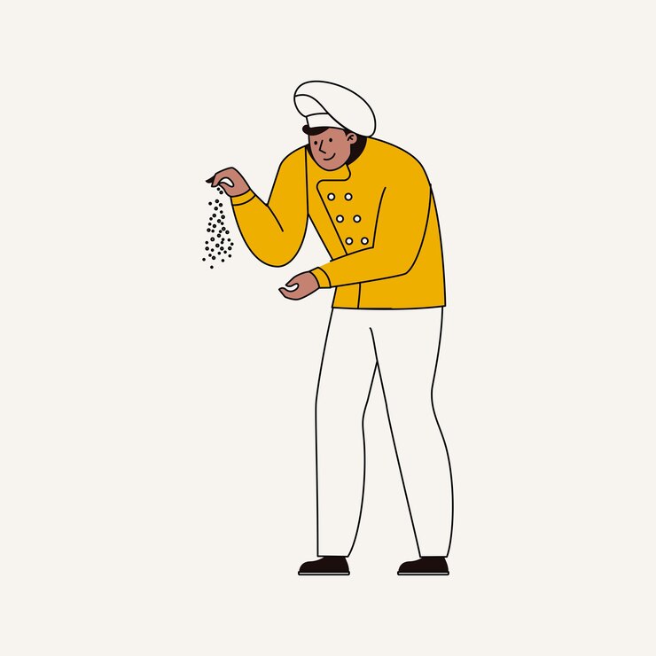 Ilustración vectorial de un chef en uniforme y sombrero rociando sal estilo plano