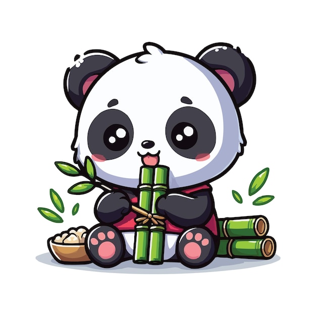 Ilustración vectorial de chibi panda comiendo bambú