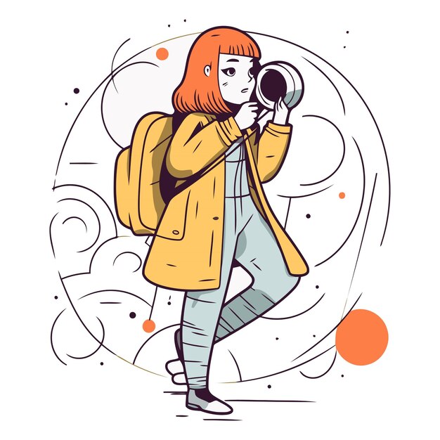 Ilustración vectorial de una chica con un abrigo amarillo con una cámara