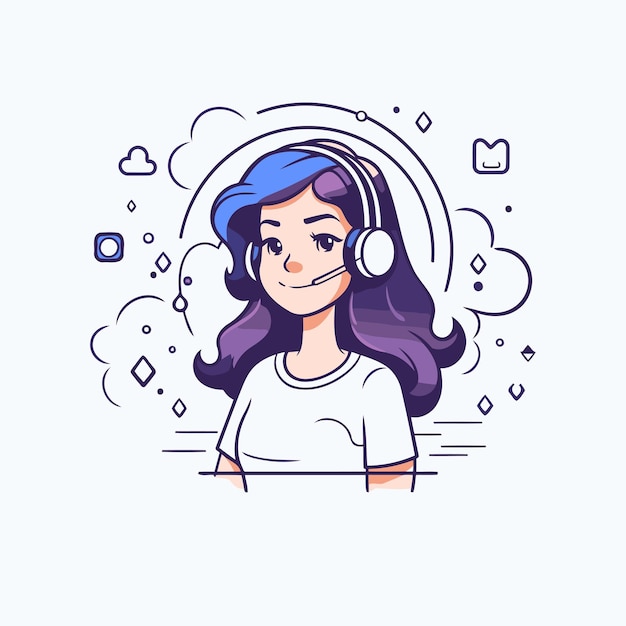 Ilustración vectorial de una chica con auriculares Servicio de atención al cliente del centro de llamadas