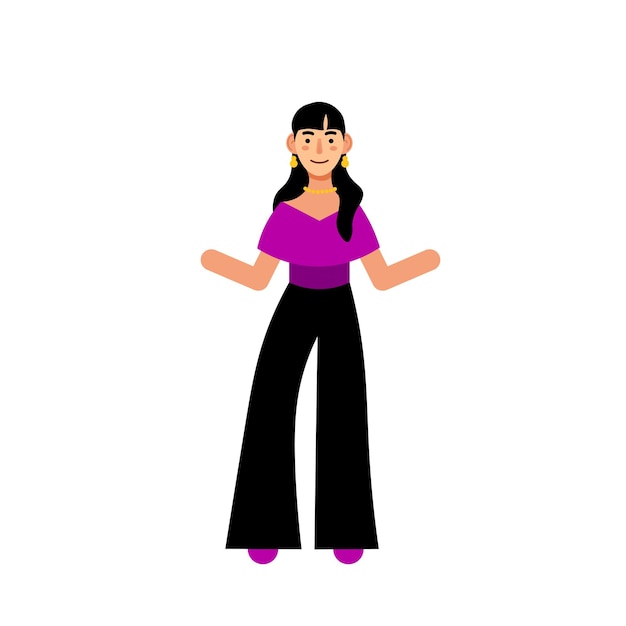 Ilustración vectorial de una chica con blusa morada, pantalones largos negros con un collar de oro y aretes preciosos. Cabello largo y negro. Concepto de futurismo. Ilustración vectorial para negocios y publicidad.