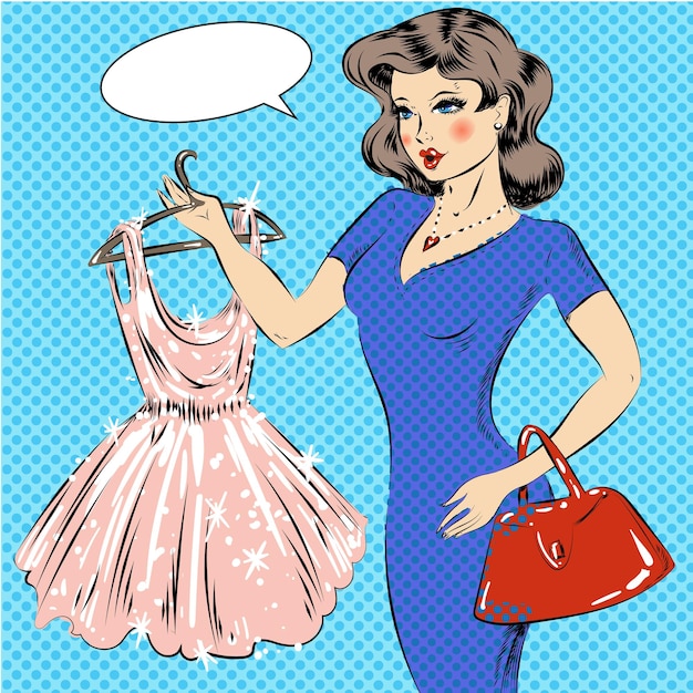 Ilustración vectorial de una chica bonita sosteniendo una percha con una burbuja de discurso de vestido de cóctel Elemento de diseño de concepto de compras en estilo cómico de arte pop retro