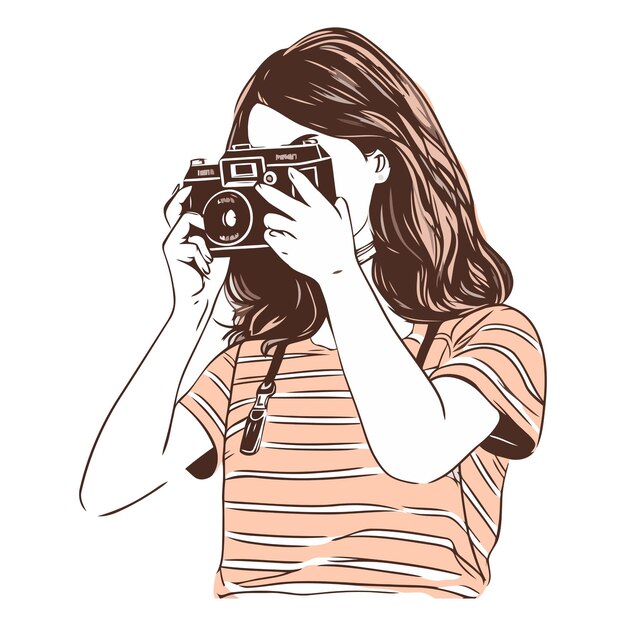 Vector ilustración vectorial de una chica con una cámara en las manos la chica está tomando fotos