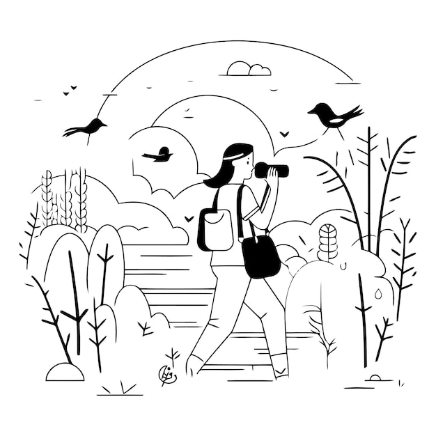 Vector ilustración vectorial de una chica caminando en el parque de otoño con una mochila y una cámara