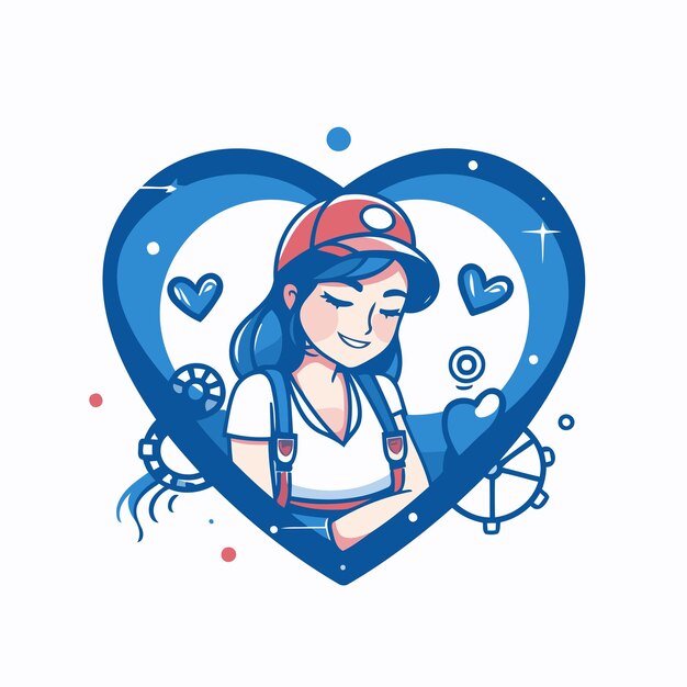 Vector ilustración vectorial de una chica con casco y mono en forma de corazón