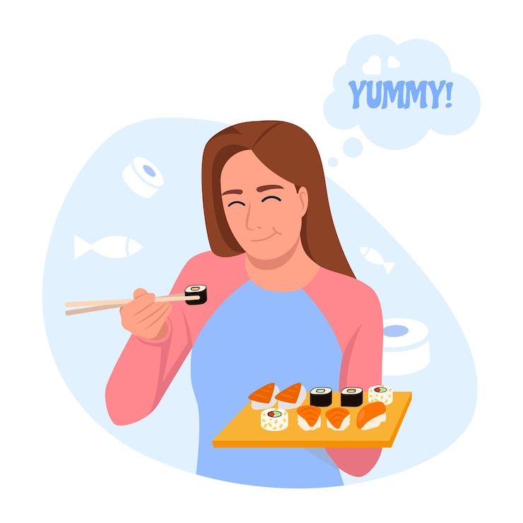 Vector ilustración vectorial de una chica comiendo sushi escena de dibujos animados con una mujer que come una cocina japonesa muy sabrosa sobre un fondo blanco