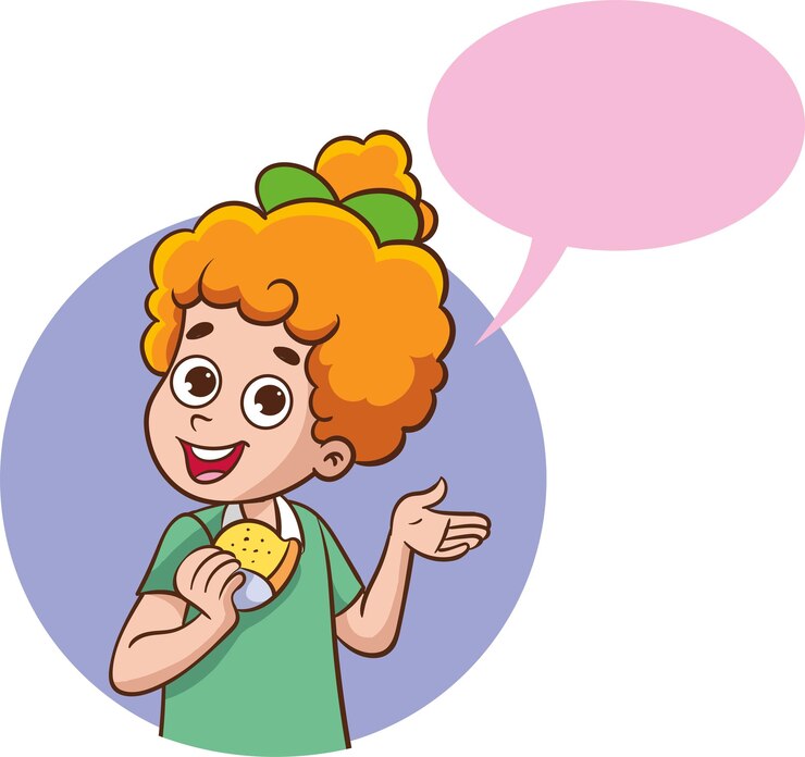Vector ilustración vectorial de una chica de dibujos animados comiendo una hamburguesa y una burbuja de habla