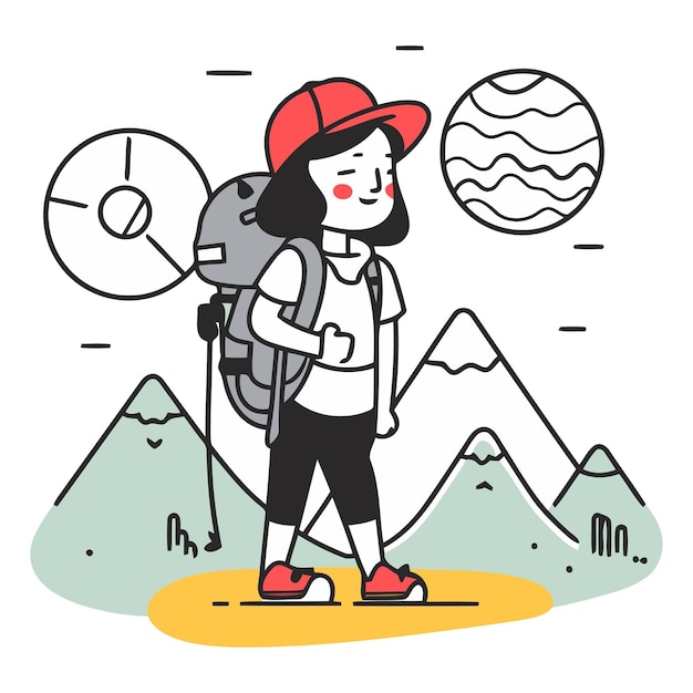 Ilustración vectorial de una chica excursionista con mochila y mapa en las montañas