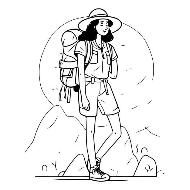 Ilustración vectorial de una chica excursionista con una mochila en las montañas