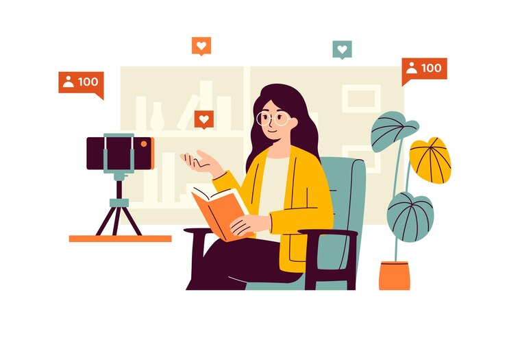 Vector ilustración vectorial de una chica con gafas sentada en una silla frente a la cámara con un libro