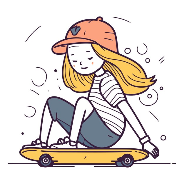 Vector ilustración vectorial de una chica con una gorra montando una patineta