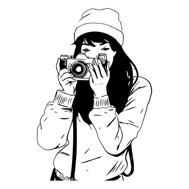Vector ilustración vectorial de una chica hipster tomando fotos con una cámara