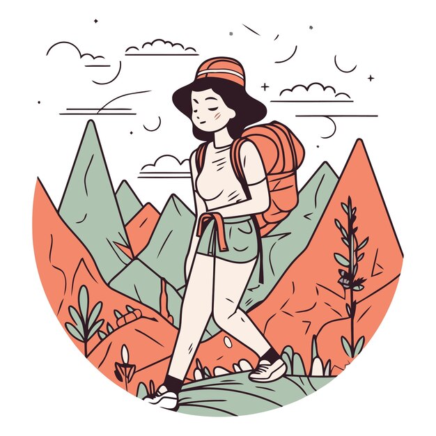 Vector ilustración vectorial de una chica con una mochila caminando por las montañas