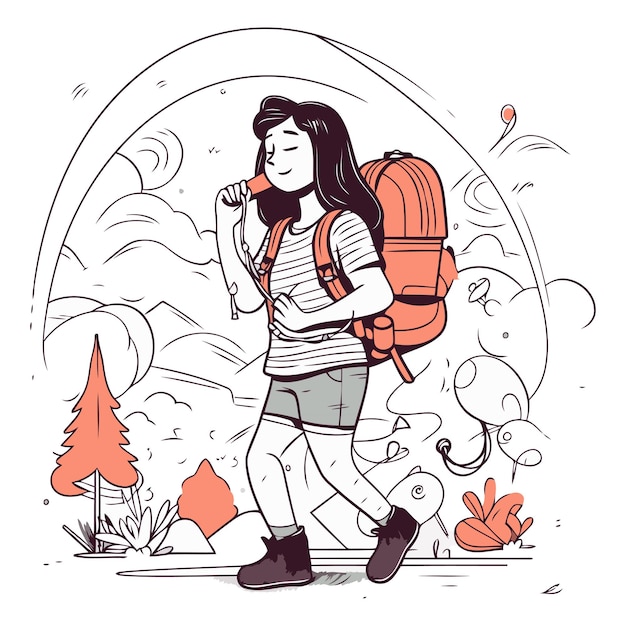 Vector ilustración vectorial de una chica con una mochila va a las montañas