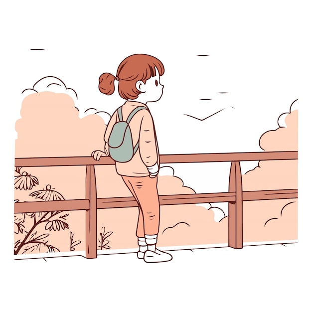 Ilustración vectorial de una chica con una mochila de pie en el puente