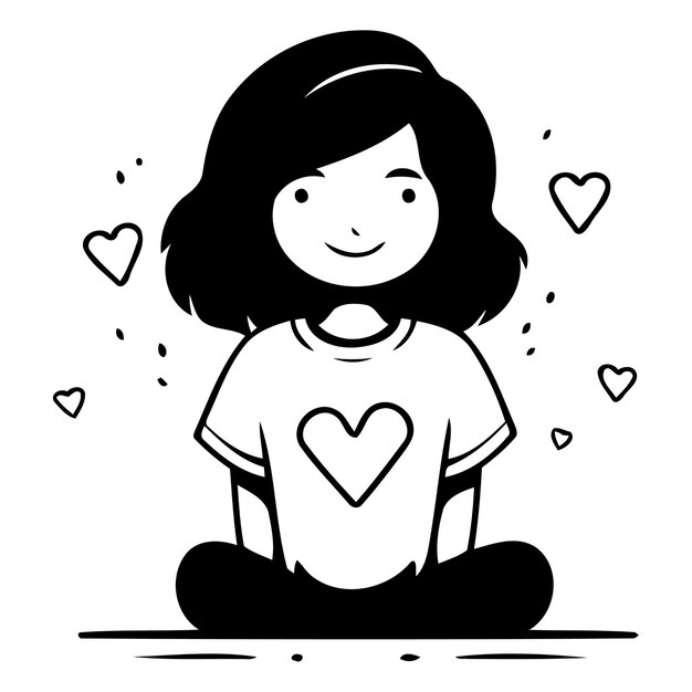 Ilustración vectorial de una chica en postura de yoga con corazones a su alrededor