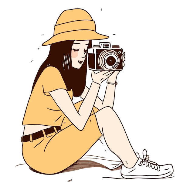 Vector ilustración vectorial de una chica con un sombrero y una cámara sobre un fondo blanco