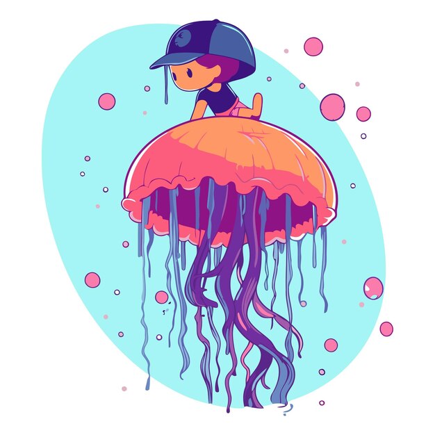 Vector ilustración vectorial de una chica con un sombrero y una medusa rosa
