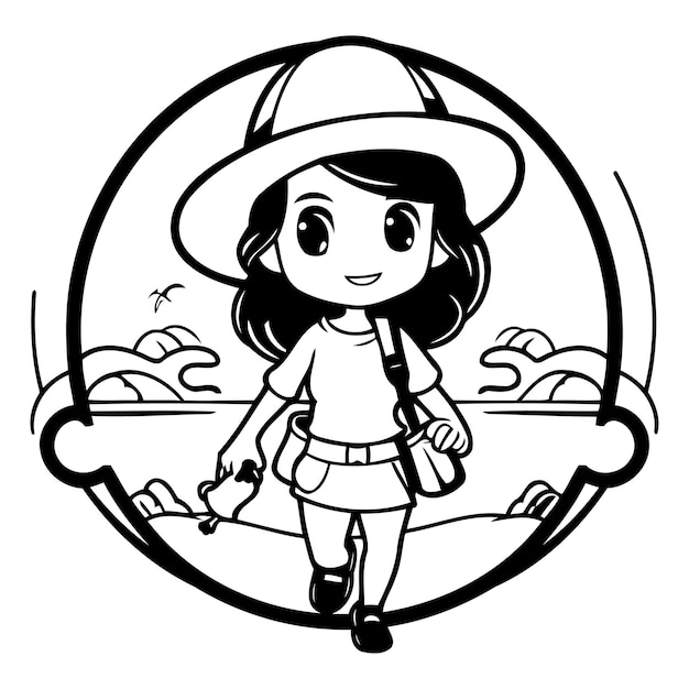 Vector ilustración vectorial de una chica con un sombrero y una mochila en la playa