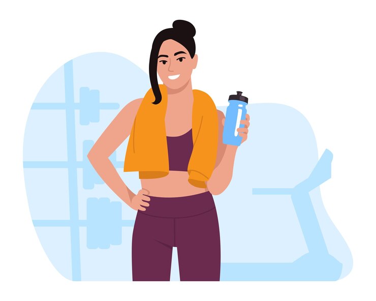 Vector ilustración vectorial de una chica sonriente haciendo deportes escena de dibujos animados de chica con peinado de peluche vestida con ropa deportiva sosteniendo una botella de agua gimnasio con pesas cinta de correr aislada sobre fondo blanco