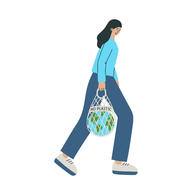 Ilustración vectorial con una chica sosteniendo una bolsa de red con el planeta Tierra y la frase Sin plástico Día de la Tierra