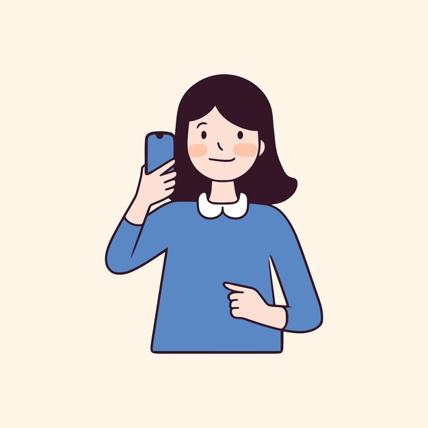 Ilustración vectorial de una chica con un suéter azul usando un teléfono inteligente