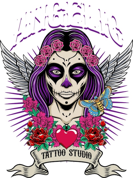 Vector ilustración vectorial de la chica tatuada con alas, la mariposa, las rosas y el corazón