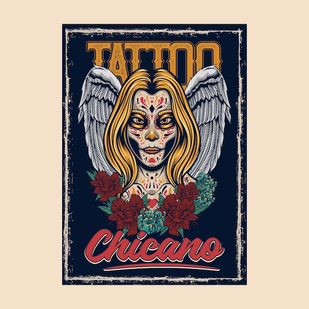 Vector ilustración vectorial de chica tatuada con alas y rosas con estilo de dibujo a mano vintage disponible