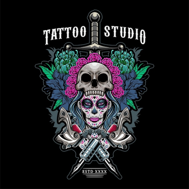 Vector ilustración vectorial de chica tatuada con sombrero de calavera rosas y herramientas de tatuaje con dibujo a mano vintage