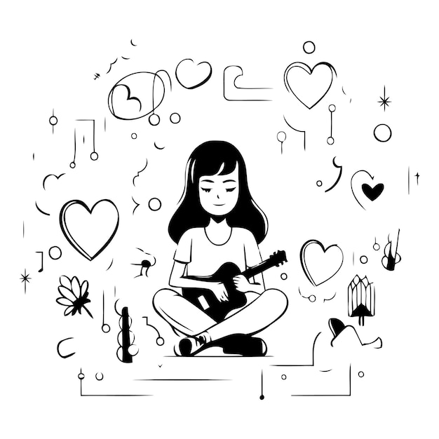 Vector ilustración vectorial de una chica tocando la guitarra sobre un fondo blanco concepto musical