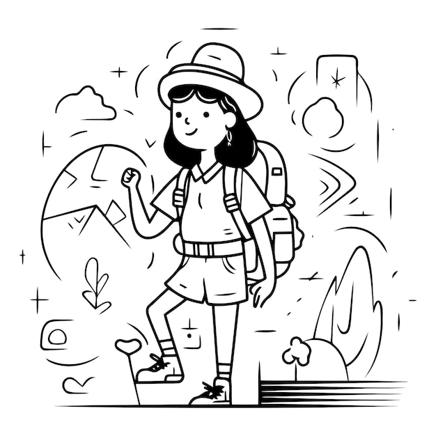 Vector ilustración vectorial de una chica turista caminando en el parque diseño de arte de línea
