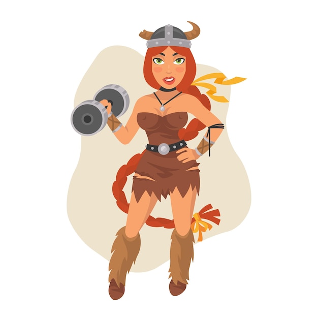 Vector ilustración vectorial, chica vikinga sostiene pesa, formato eps 10