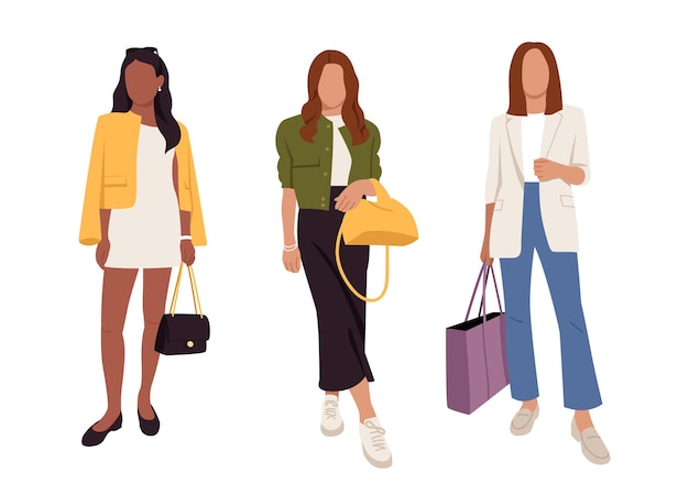 Ilustración vectorial de chicas elegantes Escenas de dibujos animados de chicas hermosas vestidas con trajes de moda vestidos chaquetas chaquetas bombarderas faldas largas camisetas ligeras pantalones bolsas joyas gafas