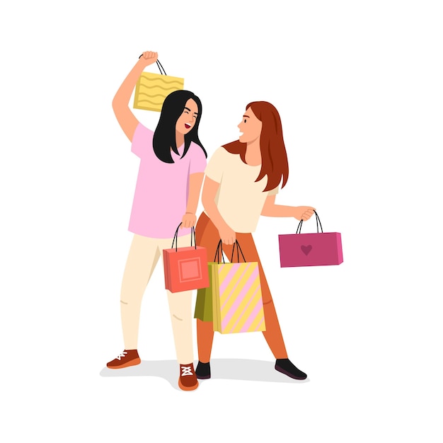 Ilustración vectorial de chicas felices haciendo compras Escena de dibujos animados de chicas sonrientes vestidas con camisetas y pantalones zapatillas de deporte sosteniendo bolsas de compras de diferentes colores mercancías aisladas sobre un fondo blanco