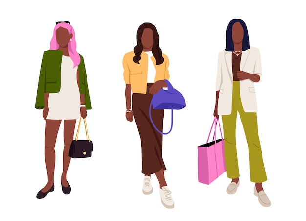 Ilustración vectorial de chicas de piel oscura vestidas con ropa elegante Escena de dibujos animados de chicas vestidas con trajes de moda vestidos chaquetas camisetas falda maxi pantalones bolsas pendientes pulseras cadena