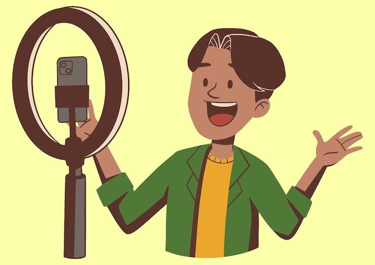 Vector ilustración vectorial de un chico influyente hablando frente a la cámara de luz de anillo
