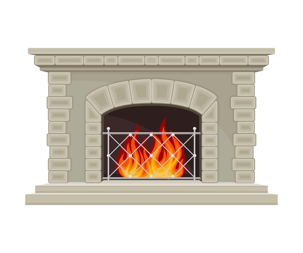 Ilustración vectorial de chimenea o hogar de piedra con mantelpiece y fuego ardiente