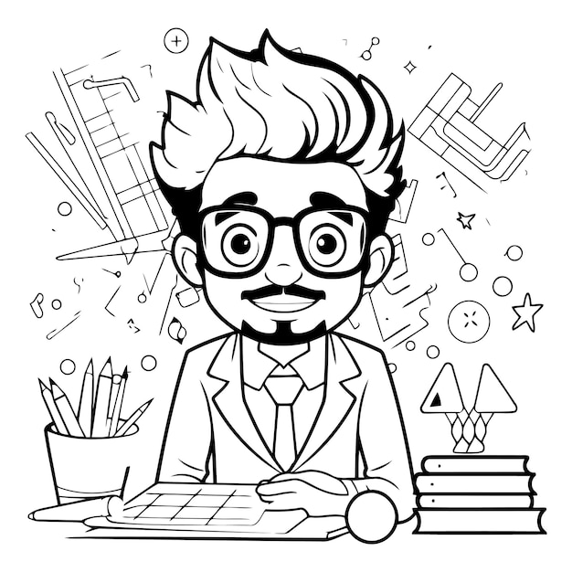 Vector ilustración vectorial de un científico de dibujos animados sentado en su escritorio en la oficina