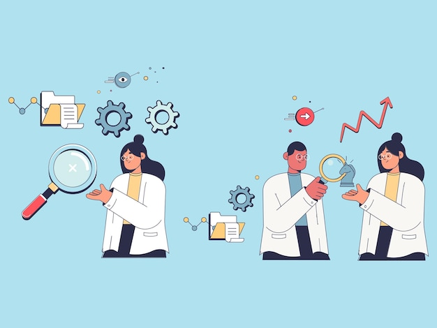 Ilustración vectorial de un científico en un laboratorio con un microscopio